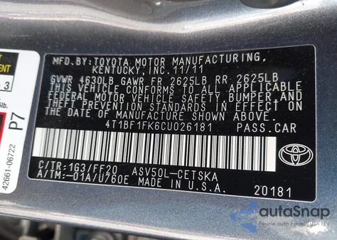 2012 Toyota Camry Se из США, поврежденный, VIN 4T1BF1FK6CU026181